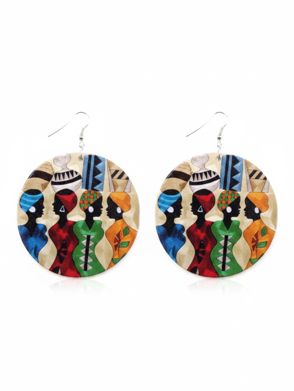 Womens Round‎ Wood African Inspired Art Earrings